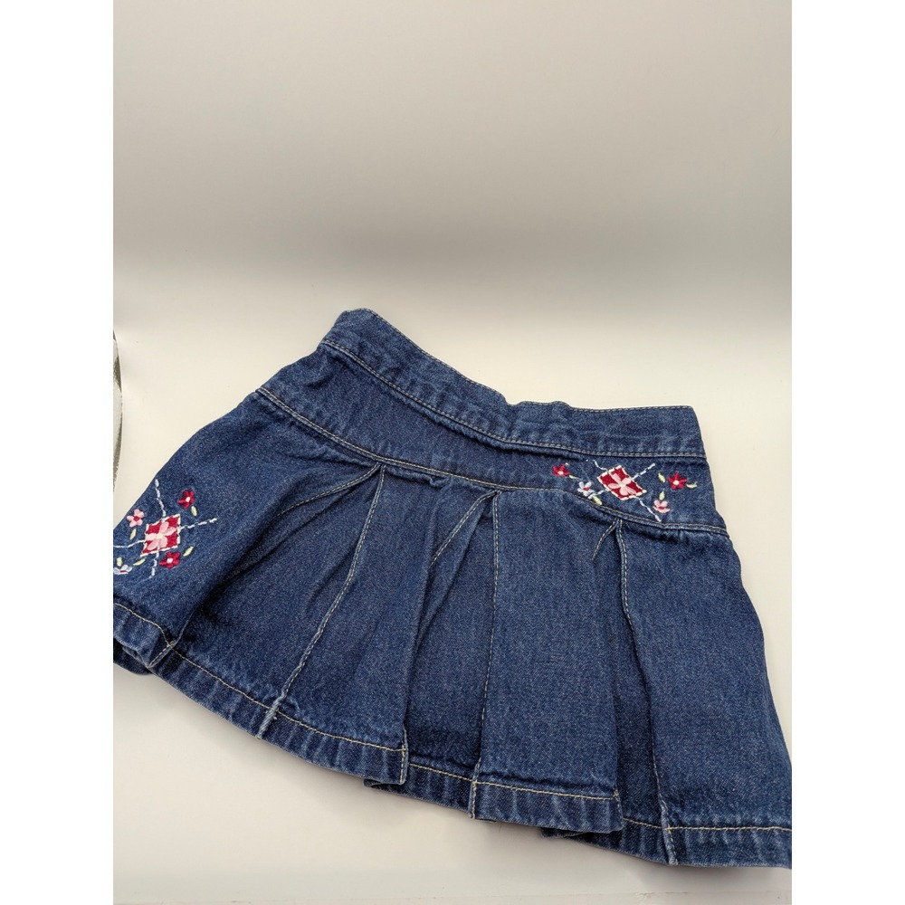 Vtg Y2K Denim Pleated Floral Embroidered Skirt Skort 12M Baby Girls Faded Glory